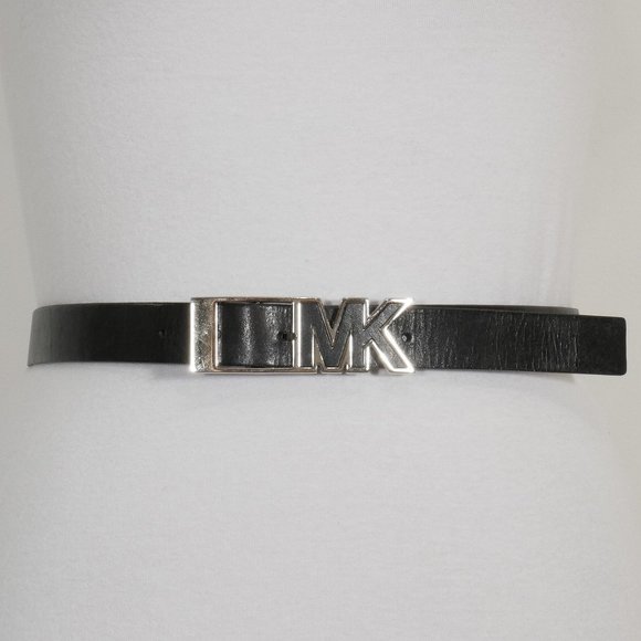 MICHAEL KORS Black Textured Leather Signature MK Logo Buckle Waist Belt L